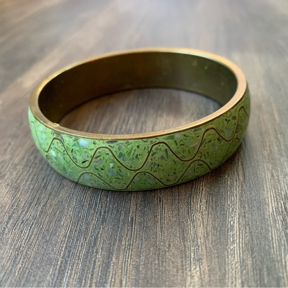 Brass Tone & Green Inlay Bracelet